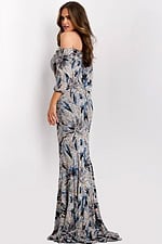 Off Shoulder Sequin Gown With Three-Quarter Sleeves 38109