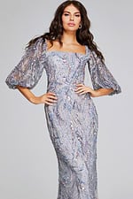 Model presenting Jovani 38110 front view of gray dress with square neckline.