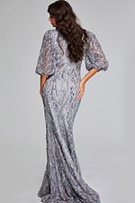 Model wearing Jovani 38110 gray dress with sequin details, showcasing the back view.