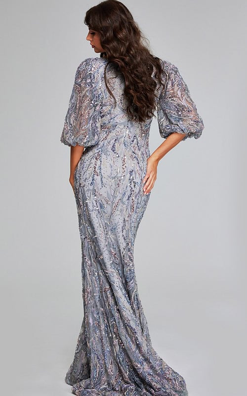 Model wearing Jovani 38110 gray dress with sequin details, showcasing the back view.
