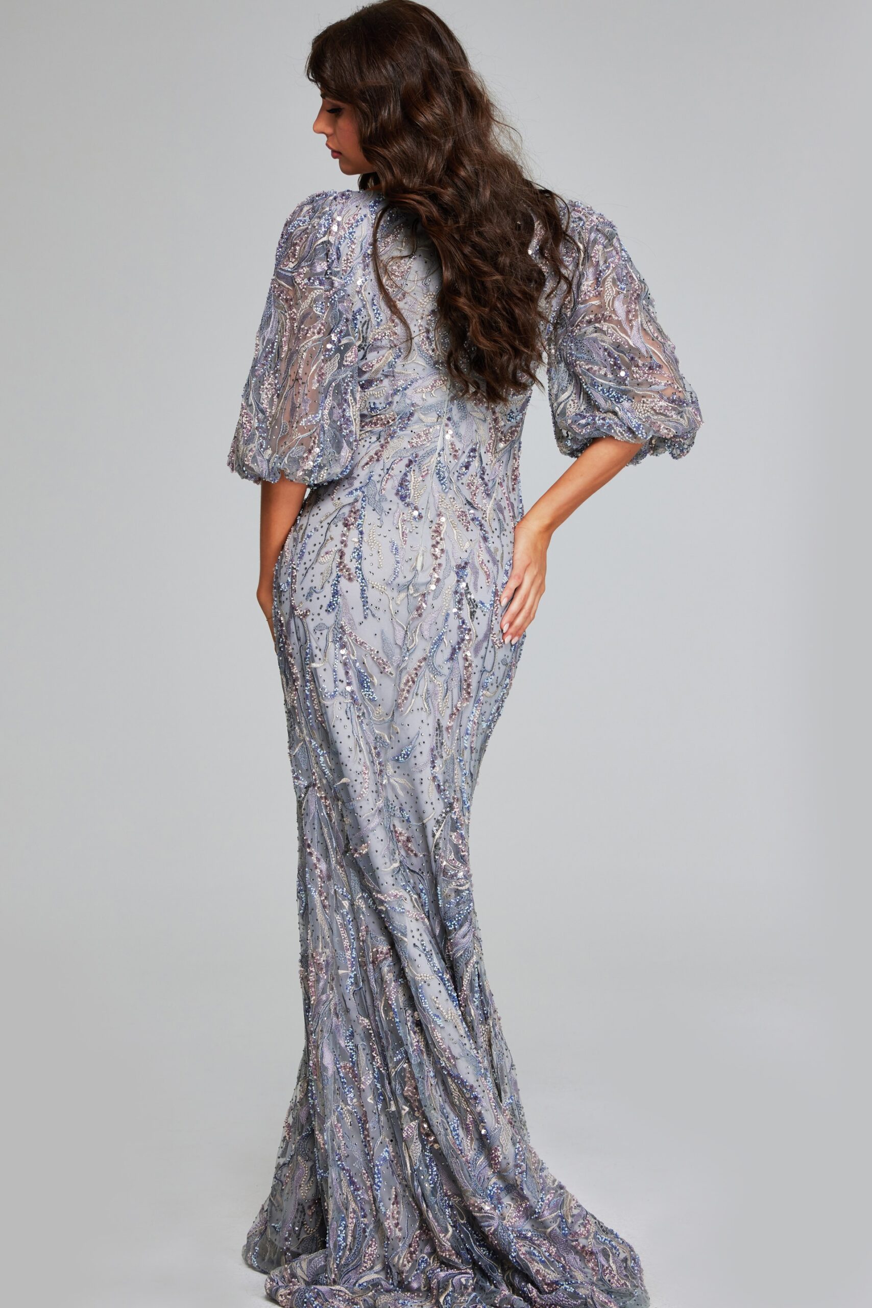 JOVANI メタリックレースシフォンロングドレス Grey Sequin Gown with Puff Sleeves 38110 | Jovani