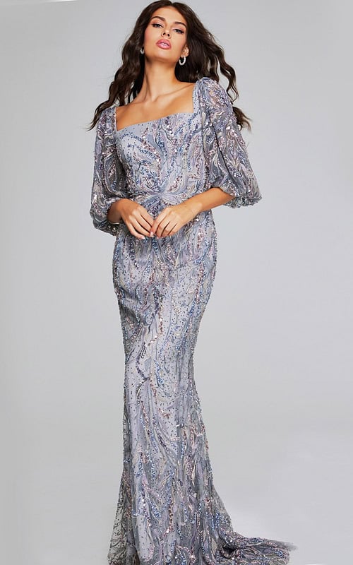 Model wearing Jovani 38110 elegant gray dress with square neckline and puff sleeves, front view.