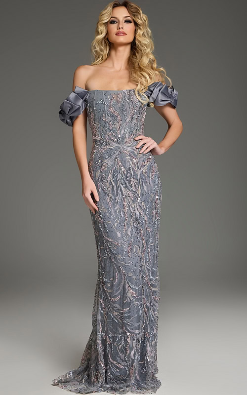 model wearing Jovani 38111 gray gown with beadwork and off-the-shoulder ruffle sleeves