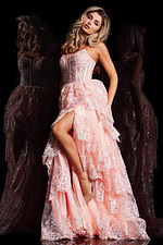 Front view of model in 38144 Pink gown with corset bodice.