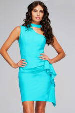 Jovani 38152 turquoise dress featuring asymmetrical neckline and side detail.