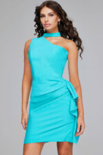 Front view of Jovani 38152 turquoise dress with choker detail.