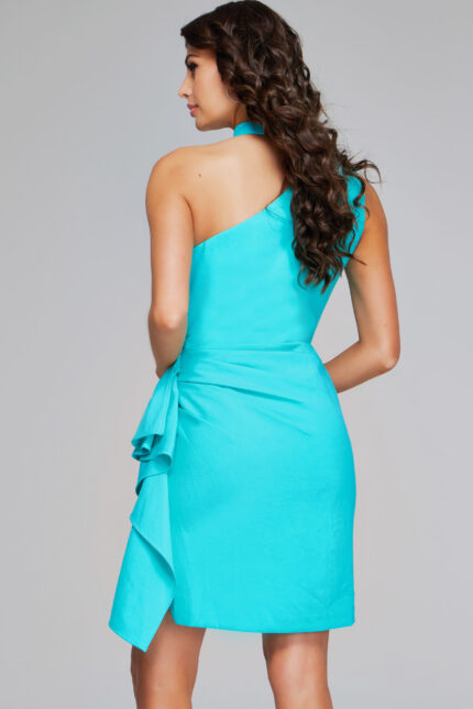 Back view of Jovani 38152 turquoise dress with asymmetrical neckline.