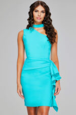 Model in Jovani 38152 turquoise dress, highlighting front view and ruffle.