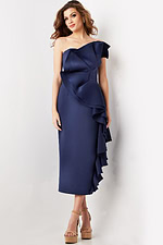 Model wearing Jovani 38187 navy dress, full length front view, showing elegant silhouette and ruffle details.