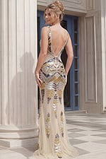 Back view of beaded sleeveless gown with deep V open back and floor length design
