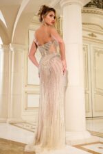 Model showcasing the back of Jovani 38273 nude dress with detailed embellishments.