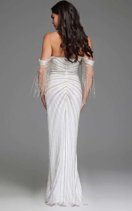 Back view of model wearing Jovani 38274 white gown highlighting the off-the-shoulder design and fitted silhouette.