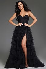 Front view of model wearing Jovani 38278 elegant black gown with sweetheart neckline.