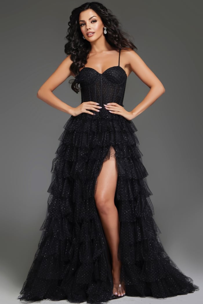 Front view of model wearing Jovani 38278 elegant black gown with sweetheart neckline.