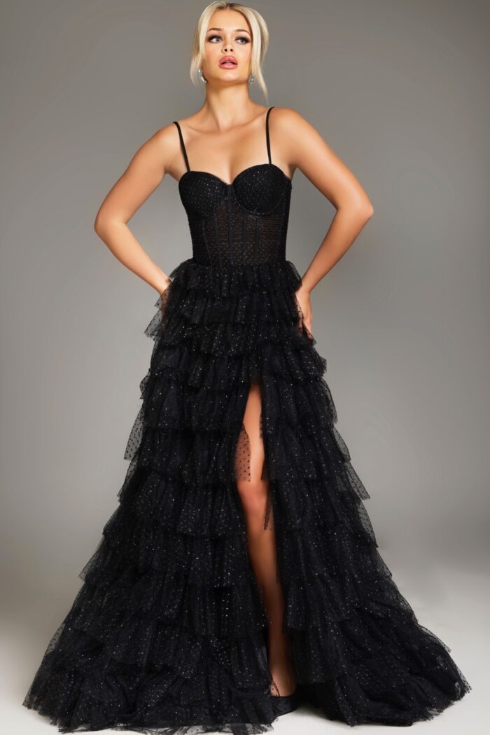 Model wearing Jovani 38278 black dress with sweetheart neckline and layered A-line skirt