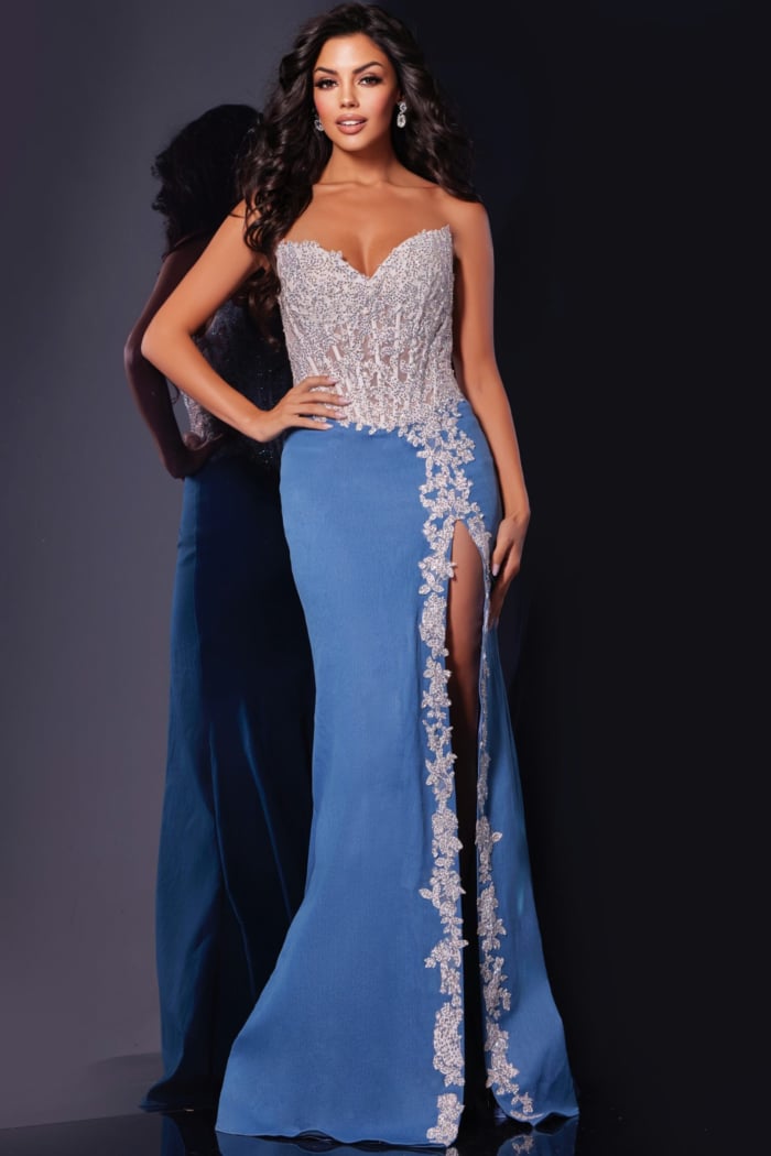 Main image of model wearing Jovani 43341 dress with sweetheart neckline and lace details in lilac.