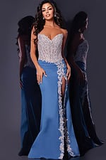 Model in Jovani 43341 gown featuring high slit and lace appliqué in lilac, front view.