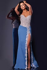 Model wearing Jovani 43341 dress with sweetheart neckline and high slit in lilac, front view.