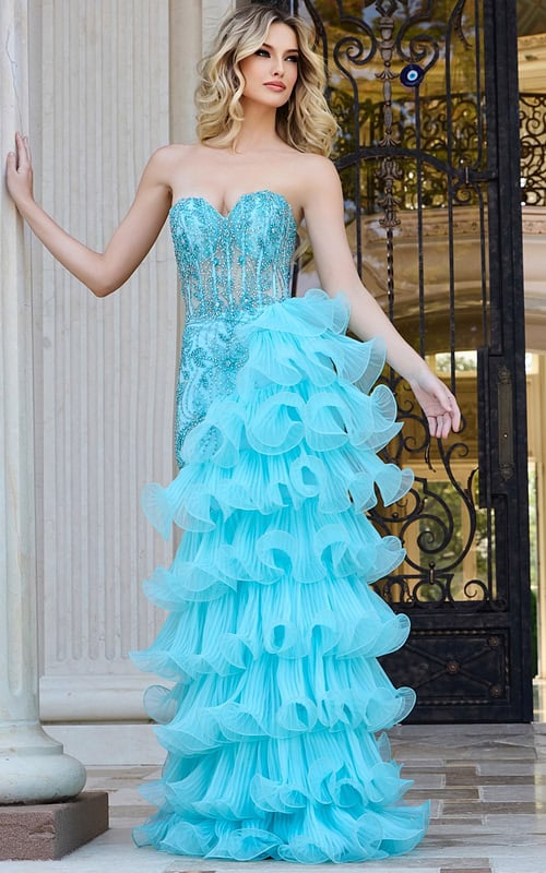 Front view of Jovani 38295 blue gown with intricate beadwork and ruffles.