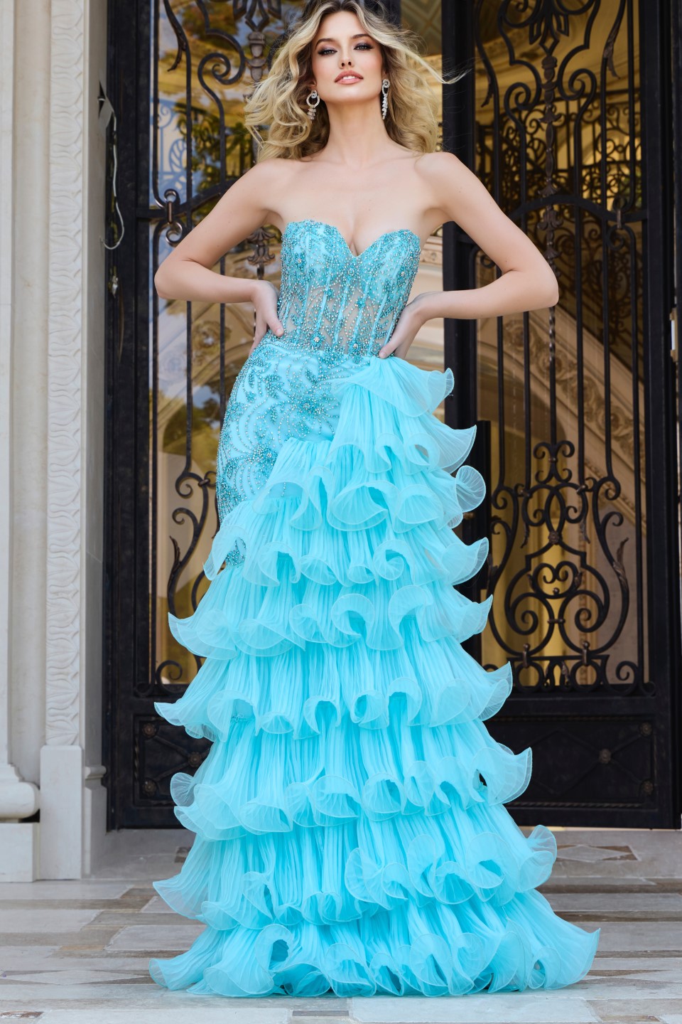 JOVANI エンベリッシュ フリンジレース Sexy ロングドレスブルー Floral Sequin Gown With V-Neckline | Jovani