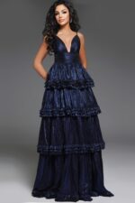 Tiered metallic gown with deep V-neck and ruffle accents