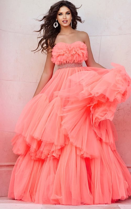 strapless open back dress A Line V Neck Open Back Coral Lace Long Prom Dresses, Fluffy Backless –  morievent main image 1
