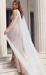 Crystal embellished fitted evening gown with sheer cape