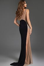 Back view of model in Jovani 38307 black dress with intricate beaded design.