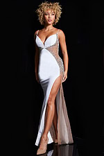 Front view of Jovani 38308 with a plunging neckline and bead details.