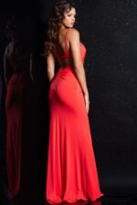Model wearing Jovani 38309 pink dress, back view showing sleek design