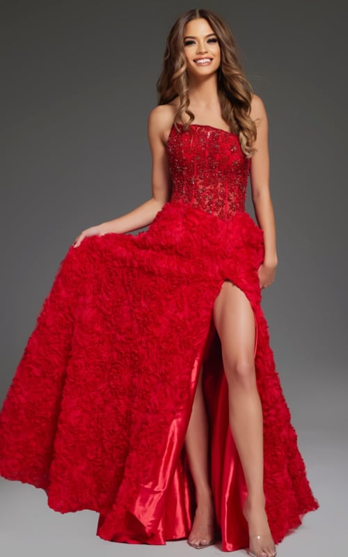 model wearing Jovani 38317 red floor-length gown with strapless neckline and intricate beadwork