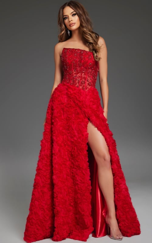model wearing Jovani 38317 red gown in front view showcasing beadwork and high slit