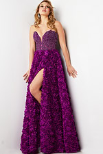 Model wearing Jovani 38318 purple A-line dress with sweetheart neckline and beaded bodice.