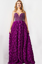 Model wearing Jovani 38318 purple dress, highlighting floral skirt and dramatic high slit.