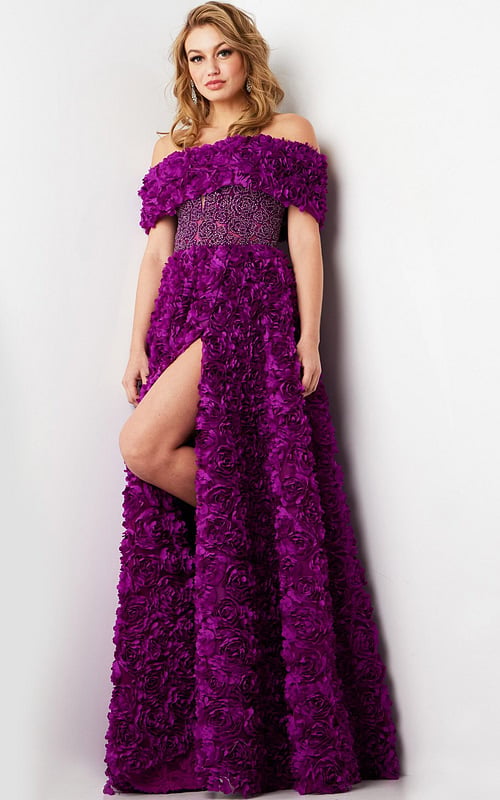 Model wearing Jovani 38318 purple dress with off-the-shoulder floral design and high slit.