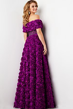 Back view of Jovani 38318 purple dress with off-the-shoulder floral detailing.