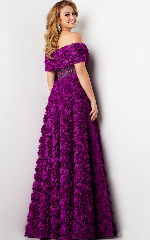Back view of Jovani 38318 purple dress with off-the-shoulder floral detailing.