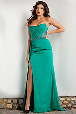 Model wearing Jovani 38330 green gown, front view showing detailed bodice and elegant floor-length design.