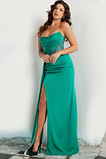 Model in Jovani 38330 green gown featuring a front view with high slit and sweetheart neckline.