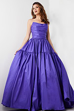 model wearing 38331, a purple floor-length gown with ruched bodice
