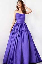model wearing 38331, a purple strapless gown with A-line silhouette