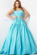 model wearing 38331, a turquoise gown showcasing front view