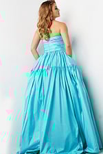 model wearing 38331, back view of a turquoise gown