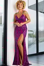 Model posing in Jovani 38337 floor-length purple dress
