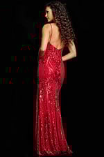 Back view of Jovani 38337 red gown with sequins