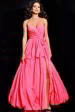 Model wearing Jovani 38382 pastel pink gown showcasing the front design