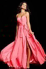 Jovani 38382 pastel pink gown front view with bow detail
