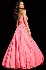 Model showing the back of Jovani 38382 pastel pink gown