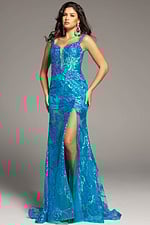 blue v neck high slit dress 38462