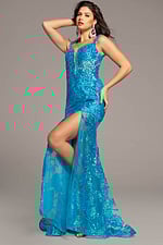 plunging neckline blue high slit embellished dress 38462